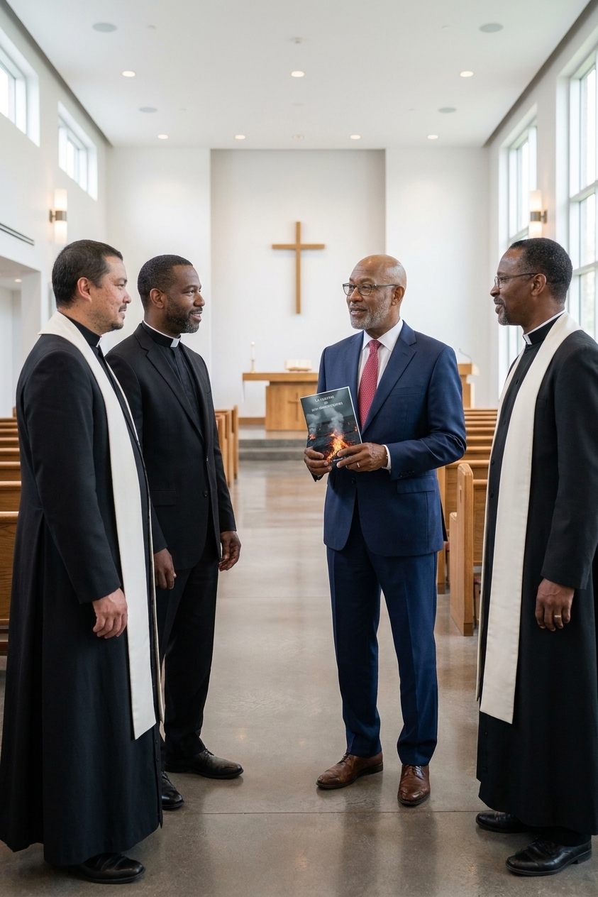 Dr. Gerald W. Parker meeting with ministry leaders in a church sanctuary